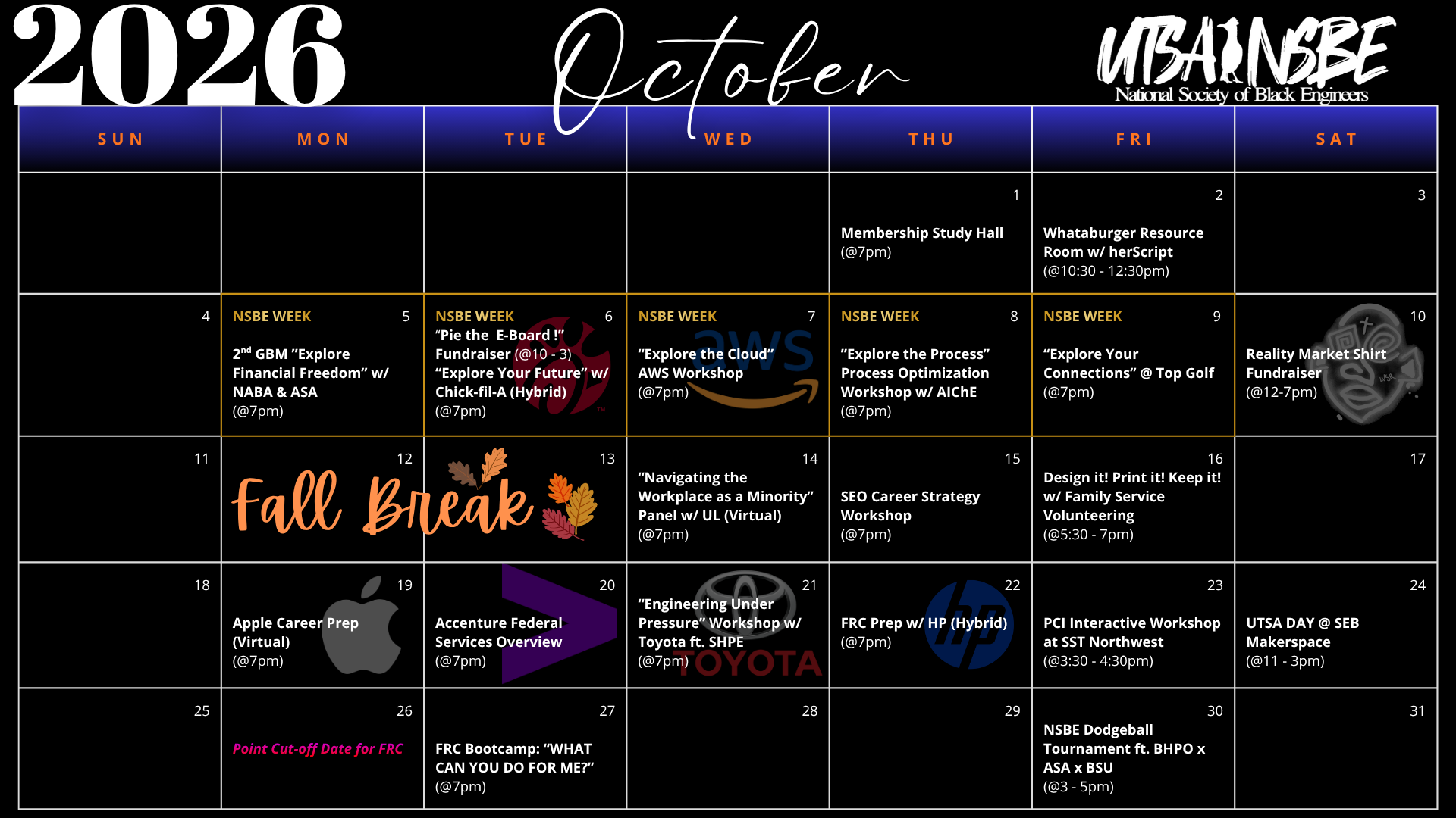 UTSA NSBE October Calendar